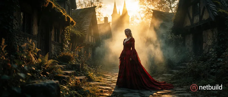 A pale woman in a flowing, intricately laced crimson gown stands on a stone path in an overgrown medieval village. Dense mist and intense golden light...