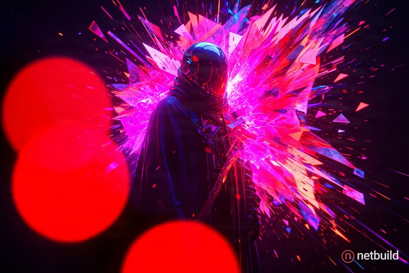 futuristic figure in a rounded metallic helmet and dark cloak, explosive burst of shattered pink and purple energy, geometric light fragments fracturi...