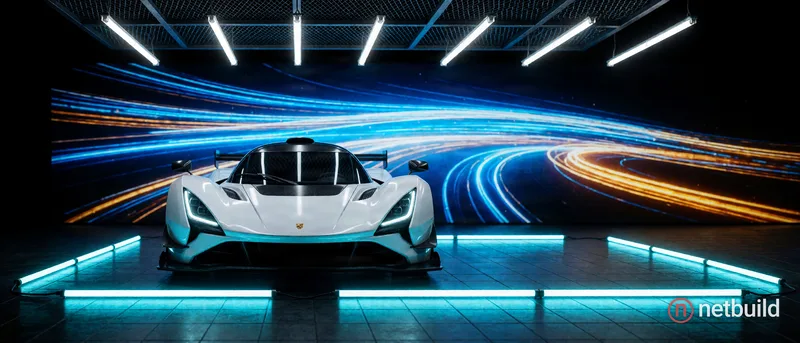 Front view of an aggressive white aerodynamic supercar parked in a dark studio. The sleek vehicle features angular LED headlights and a large rear win...