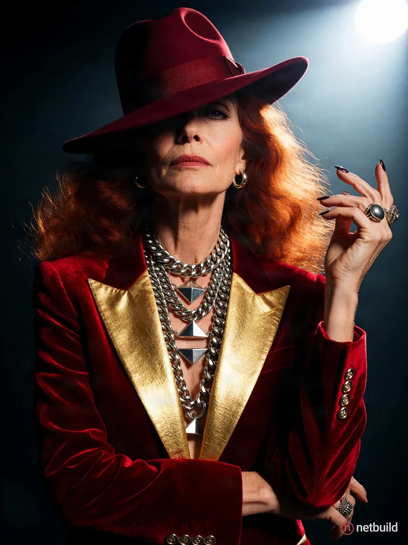 mature female model, striking angular features, voluminous auburn hair, wide burgundy fedora tilted over one eye, crimson velvet blazer with thick gol...