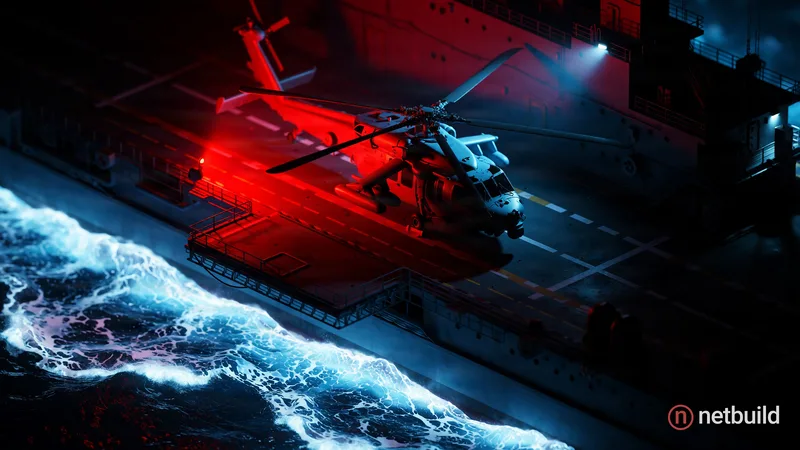 High-angle cinematic night photography of a military helicopter parked on a ship deck, enveloped in dramatic red and cyan tactical lighting. Deep shad...