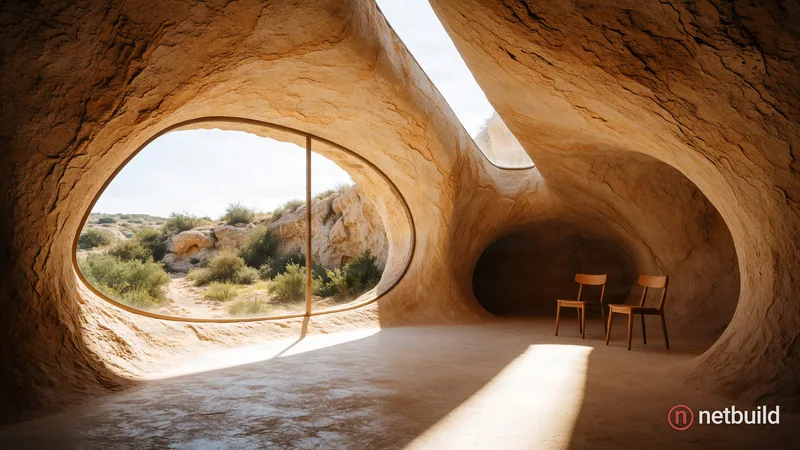 Photorealistic architectural photography of an organic cavernous interior sculpted from undulating light tan rock, featuring a large asymmetrical wind...