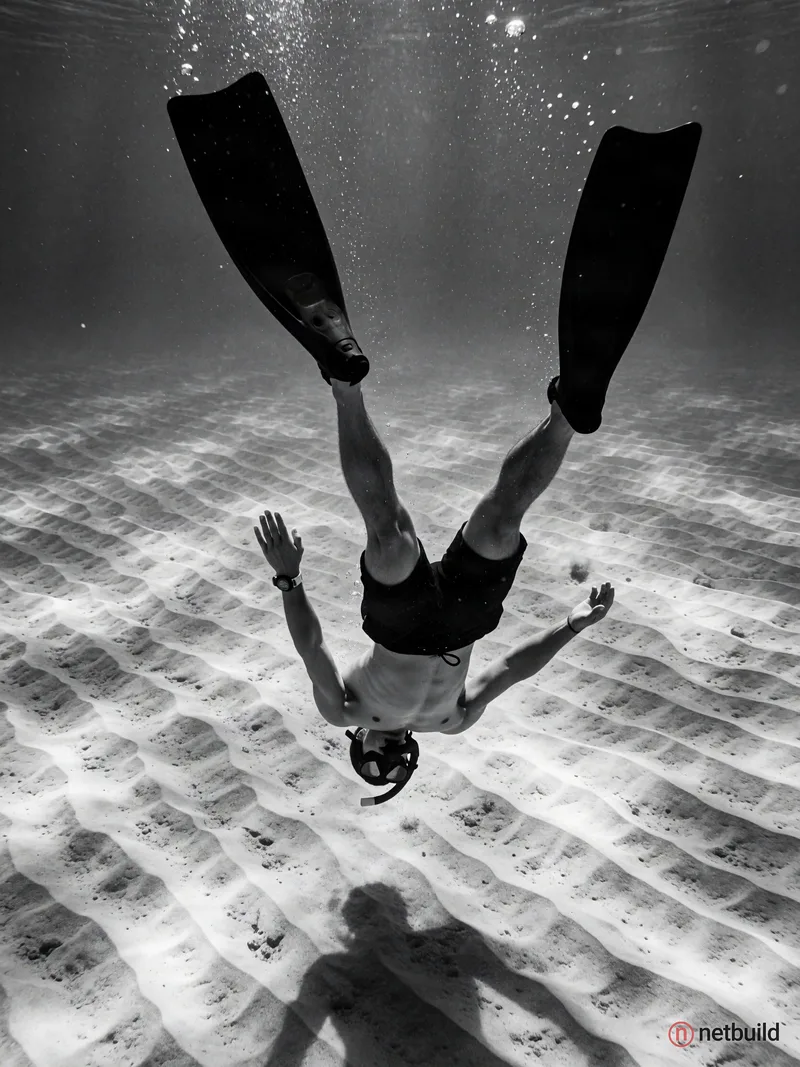 High-contrast black and white underwater photography of an athletic diver plunging headfirst toward a rippled sandy seabed. Long dark diving fins are...