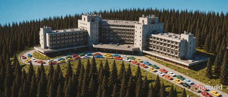 High-angle aerial wide shot of a massive brutalist concrete alpine resort nestled within a dense, dark evergreen forest. A sweeping curved driveway is...