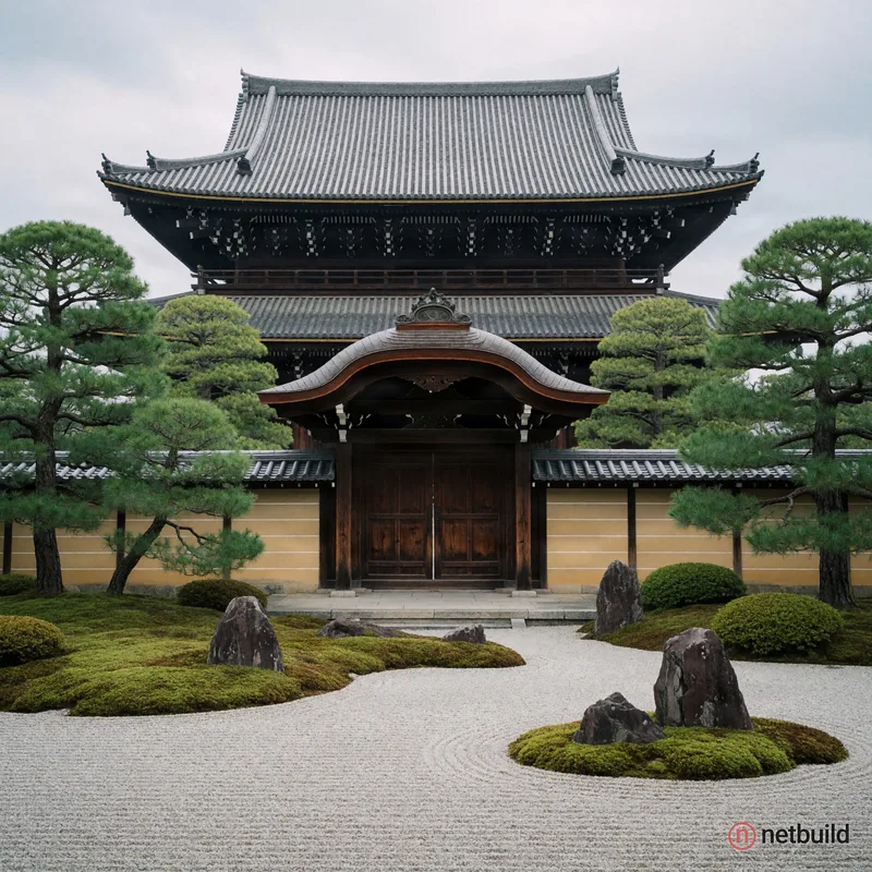 Symmetrical landscape photograph of a massive traditional wooden temple with a sweeping grey-tiled roof, looming behind a closed wooden gate with a cu...