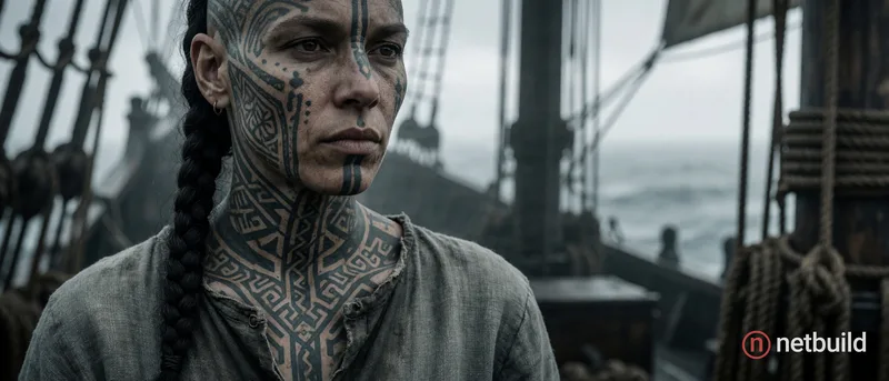 Cinematic photorealistic portrait of a stoic person with intricate geometric dark ink tattoos covering their face and neck, sporting a single dark bra...