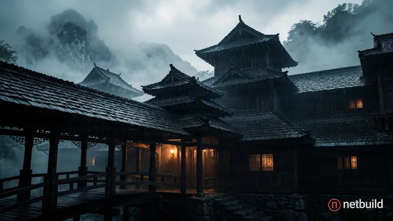 Imposing dark wooden medieval architecture with tiered shingle roofs under heavy torrential rain. A covered pillared bridge leads into the scene. Dim,...