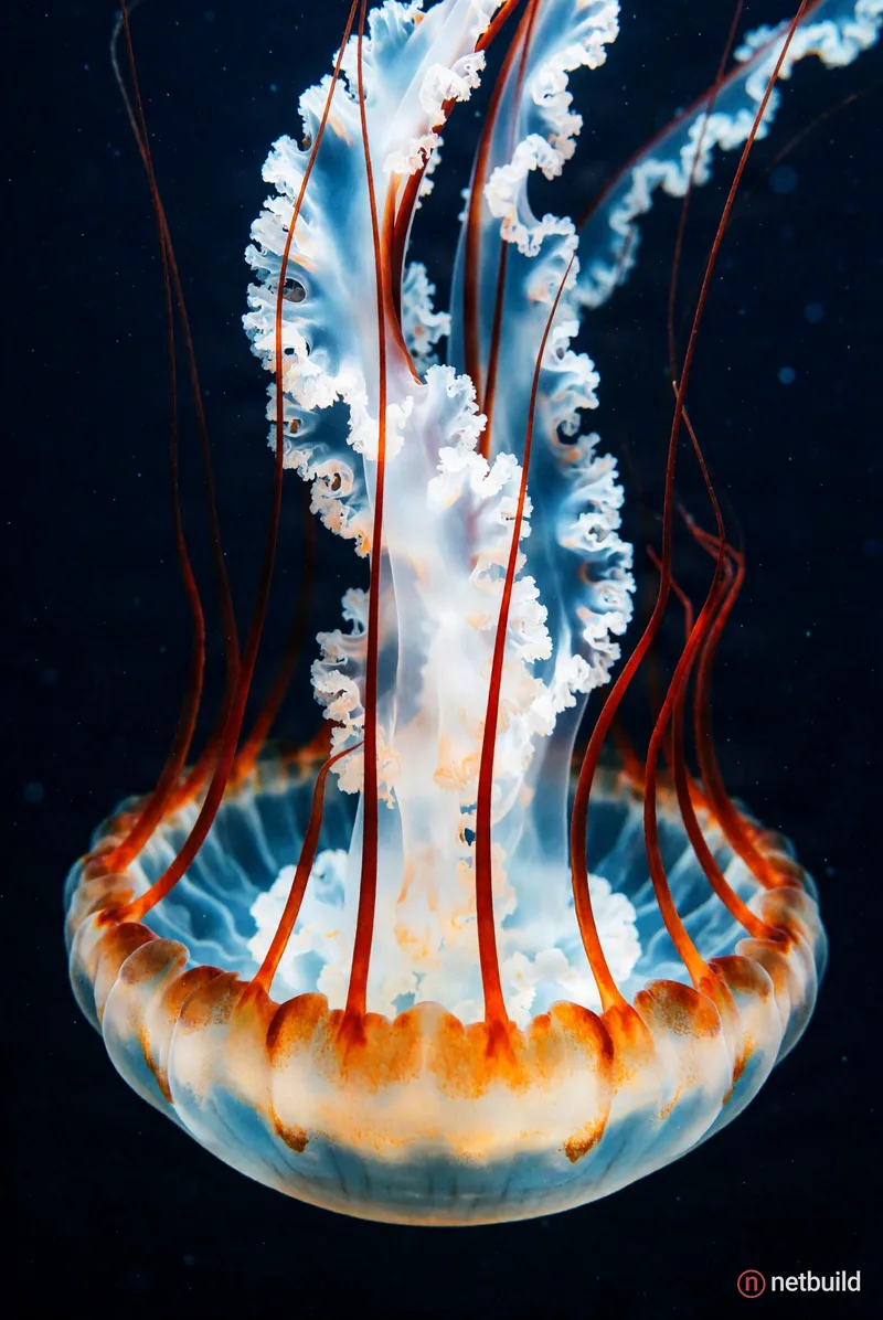 High-contrast underwater photography of a glowing translucent white jellyfish descending through deep navy-blue water. The downward-facing bell featur...