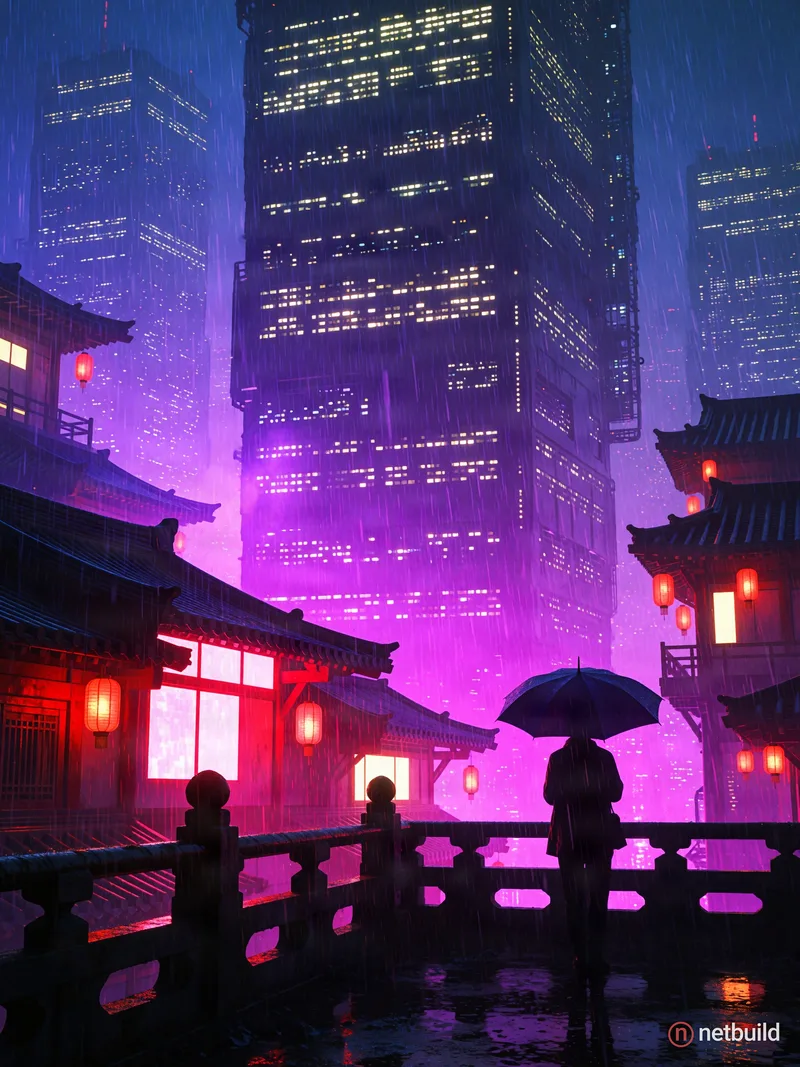A lone figure with a dark umbrella stands on a wet balcony, gazing at a towering futuristic metropolis during a heavy downpour. Vibrant purple and mag...