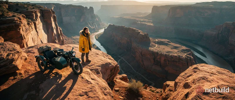 Cinematic wide shot of a rugged female explorer in a voluminous bright yellow parka standing at the precipice of a towering red sandstone cliff next t...