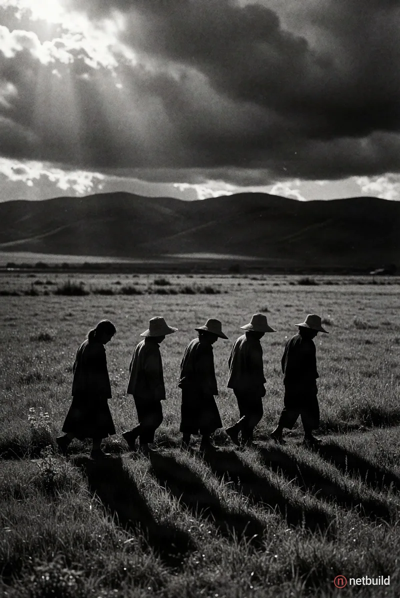 Cinematic documentary black and white photography of five figures in loose clothing walking single file through a vast, grassy rural field. High contr...