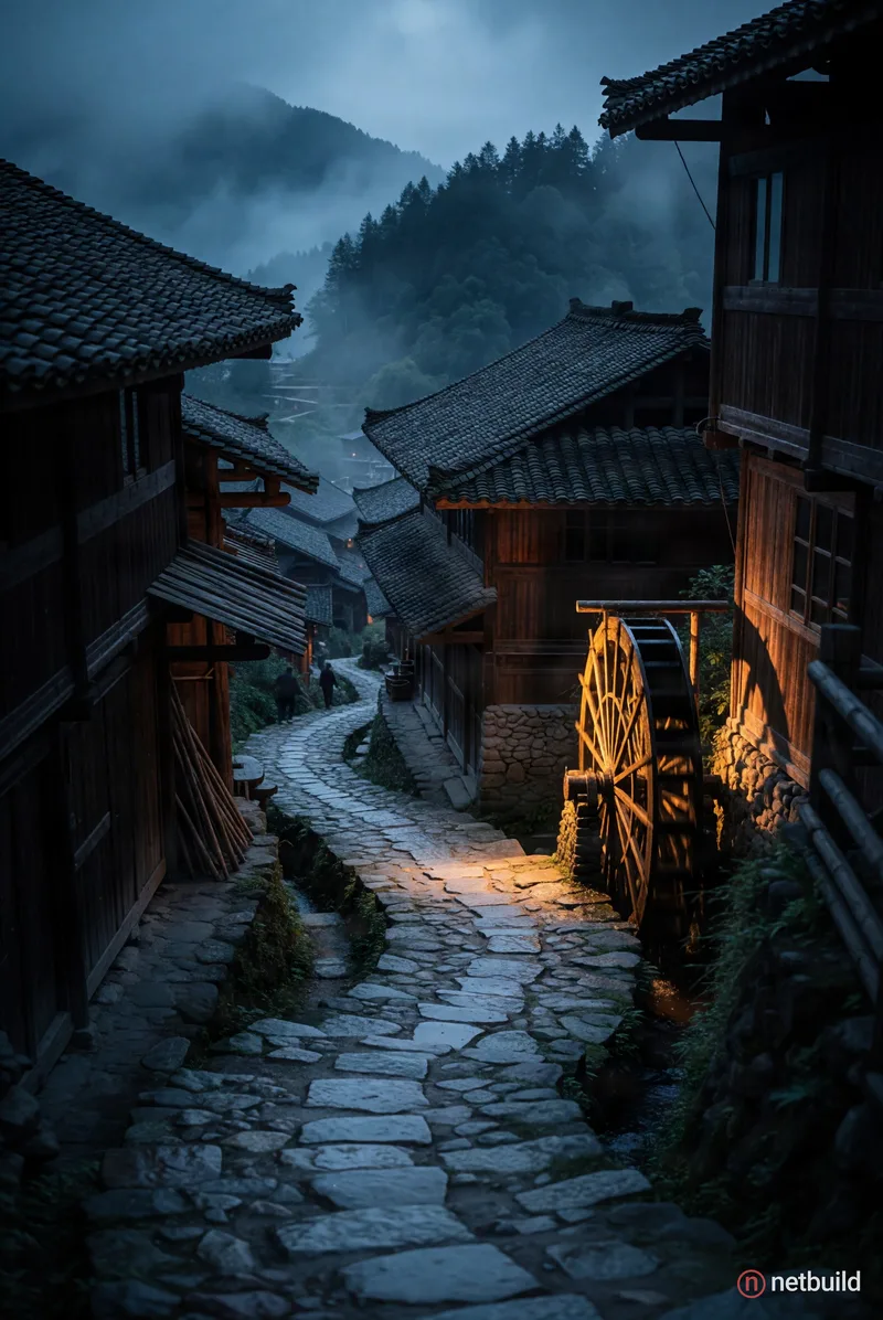 A cinematic high-angle shot of a steep winding stone path descending through a traditional mountain village. Dark weathered wooden houses with sloping...