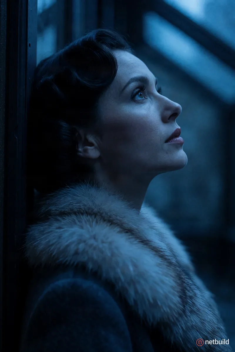 Cinematic close-up profile of a woman gazing upward, leaning against a dark vertical frame. She features dark, elegantly rolled vintage hair and a lux...
