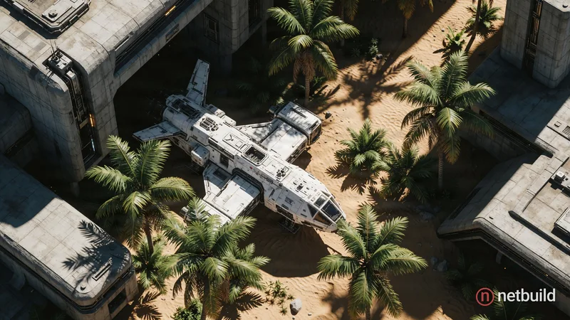 top-down aerial view of a futuristic outpost, large white modular spacecraft parked on sandy ground, lush green palm trees, massive brutalist concrete...