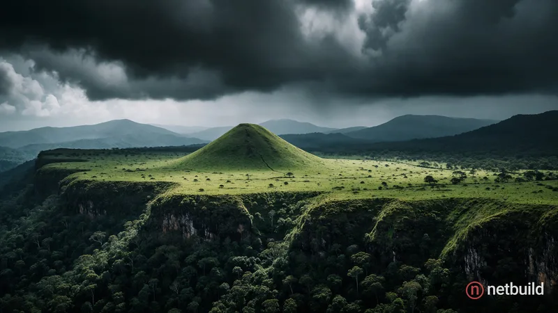 A professional atmospheric landscape photograph of a perfectly conical green hill standing solitary on a lush, vibrant plateau. The scene is framed by...