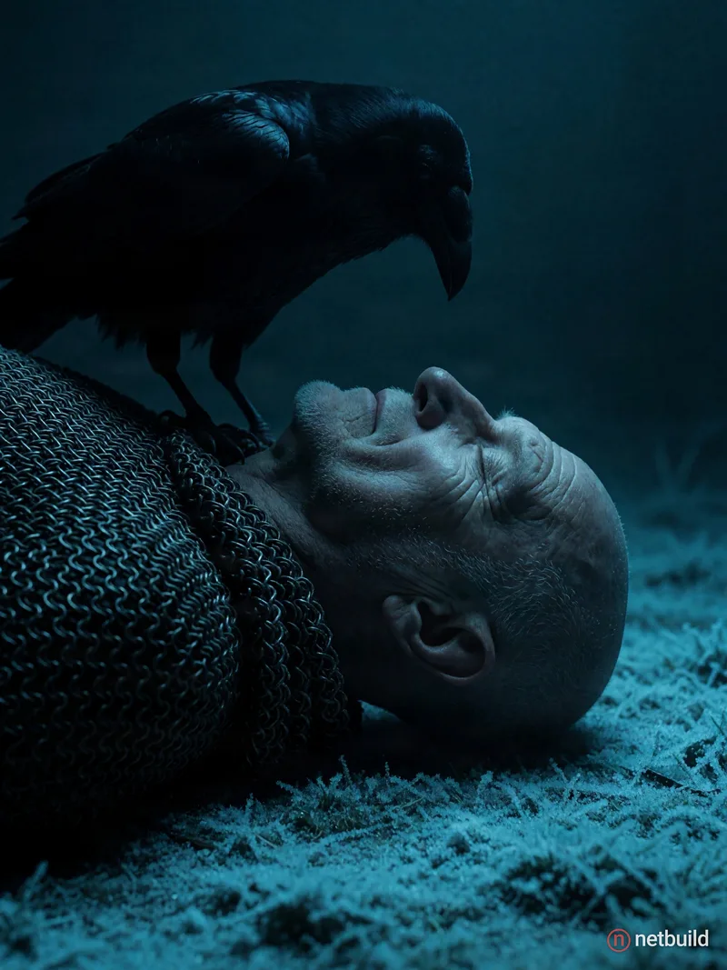 An elderly, bald man lies on his back in a dramatic close-up while a large raven looms over his face. The man rests with closed eyes on a frost-covere...