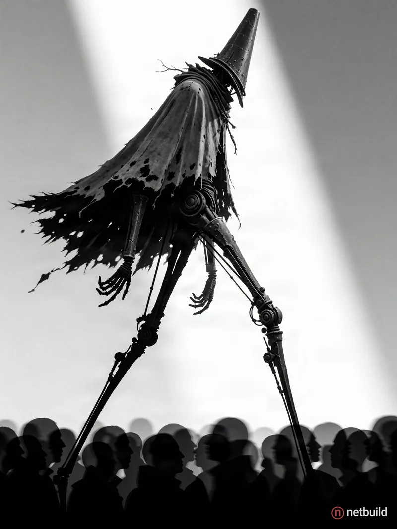 A colossal black-and-white illustration of a spindly robotic figure in a ragged cloak and conical helmet striding across a glowing white backdrop. The...
