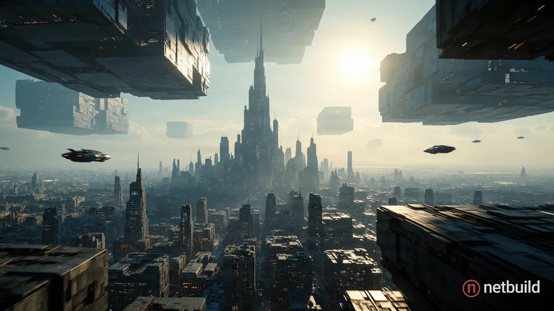 A vast futuristic metropolis stretches toward the horizon beneath a hazy, sunlit sky, dominated by a monumental central spire rising from densely pack...