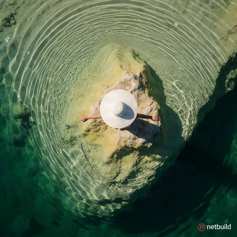 Top-down aerial drone photography of a person in an oversized white sun hat standing on a pale yellow-green submerged rock. Clear shallow water surrou...