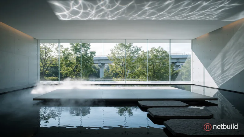 Wide-angle architectural photography of a minimalist interior featuring a dark reflective floor pool with a flat rectangular pale platform floating in...