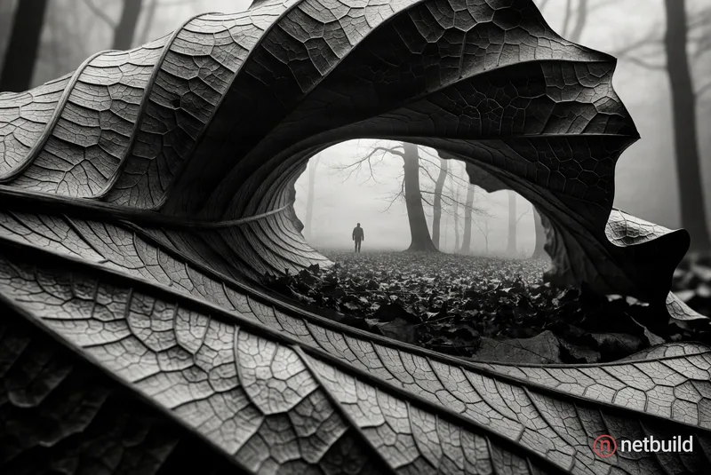 Extreme macro black and white photograph, deeply veined dry leaf forming a cavernous archway framing a distant misty landscape. Dynamic foreground rid...