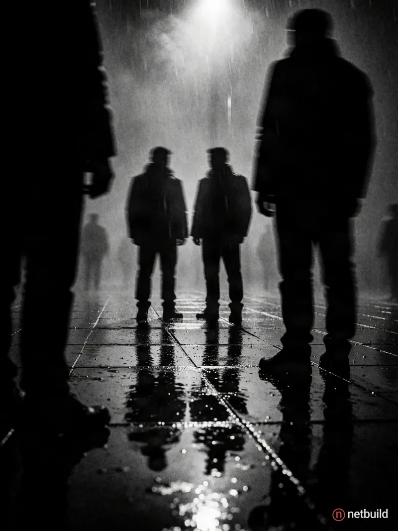 Two blocky men standing side by side in moody high-contrast black and white photography, framed by imposing solid black silhouettes in the extreme for...