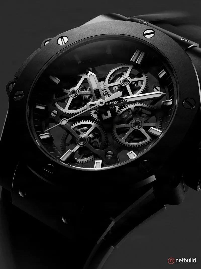 Extreme macro product photography of a black luxury mechanical sports watch, featuring a detailed skeleton dial that reveals complex interlocking gear...