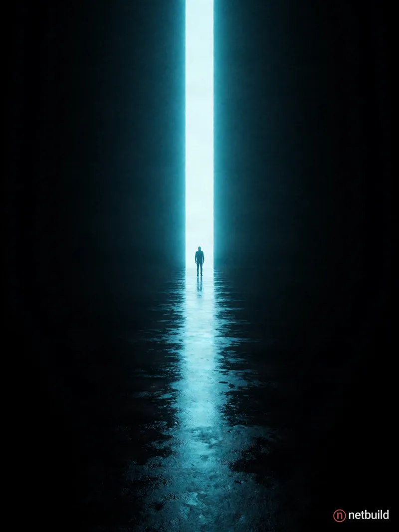 A tiny silhouetted figure stands centered in a pitch-black void, dwarfed by an immense vertical beam of brilliant cyan light piercing from above. The...