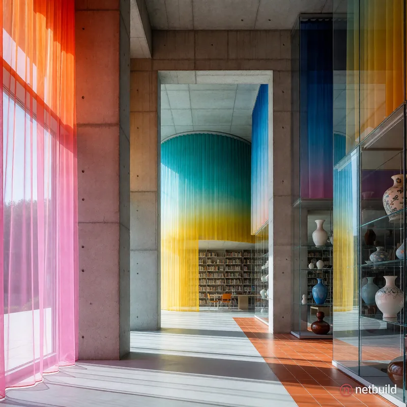 Modern brutalist interior featuring massive raw gray concrete columns contrasted by flowing translucent sheer curtains in vibrant orange, pink, blue,...