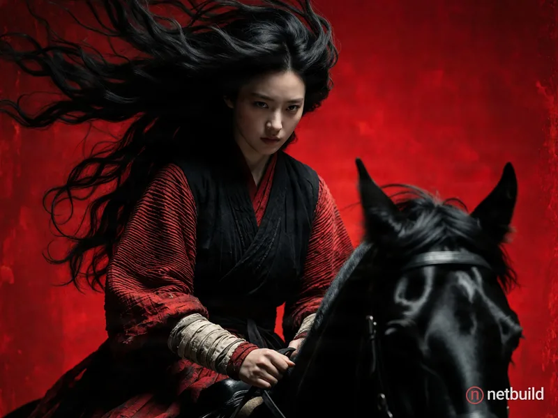 Highly detailed painterly composition of a young woman with an intense, focused expression riding a glossy black horse against a solid, textured crims...