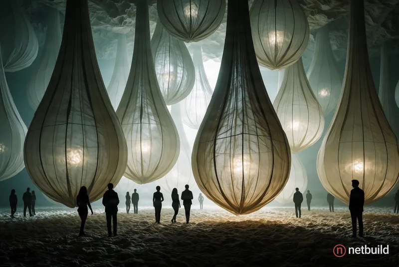 Massive translucent teardrop-shaped fabric pods suspended from a cavernous ceiling, creating a surreal immersive art installation. Silhouetted figures...