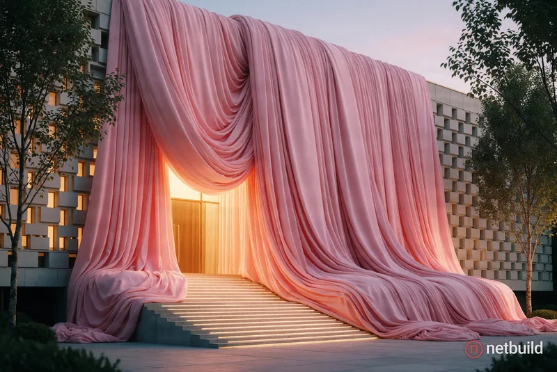 Hyper-realistic architectural installation featuring massive, voluminous matte pink drapery cascading from a modernist building facade, spilling heavi...