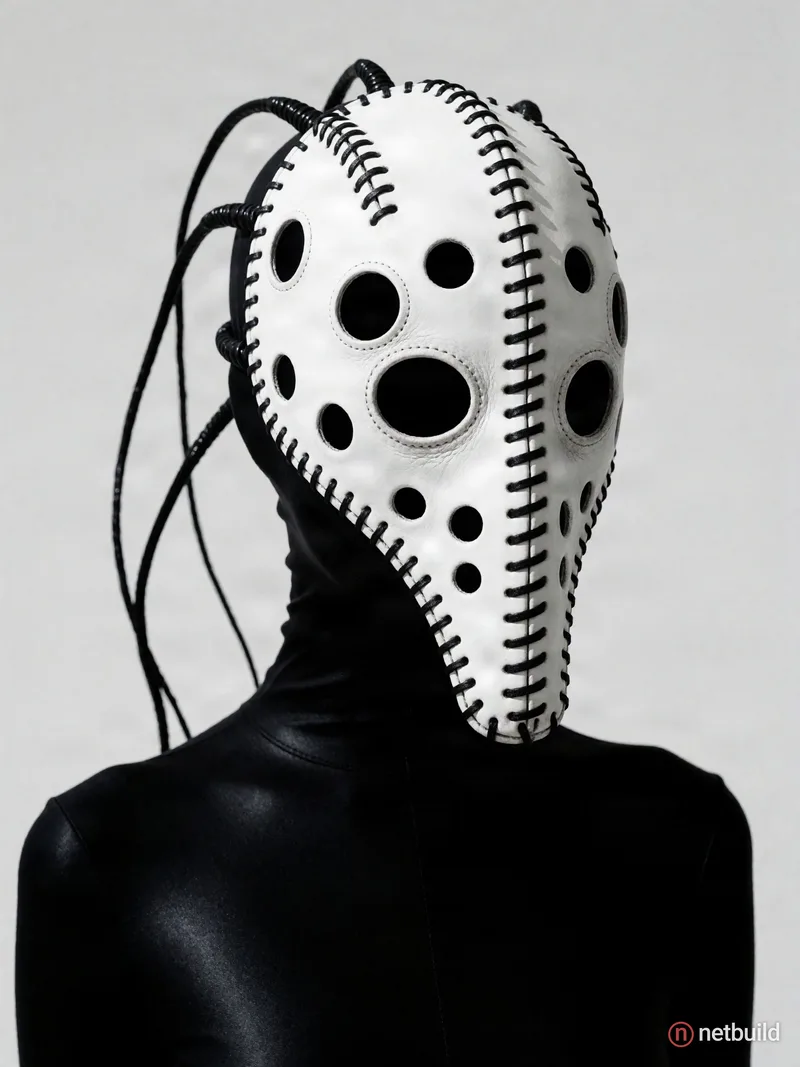 Surreal avant-garde portrait of a figure wearing a stitched white leather mask with an elongated drooping snout and multiple circular black hole cutou...