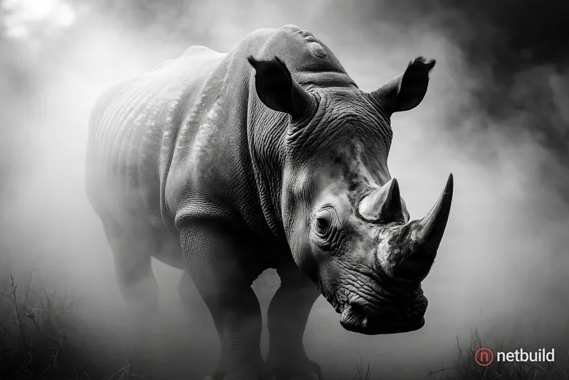 Majestic rhinoceros emerging from dense fog, black and white wildlife portrait, intricate textured skin with deep folds and wrinkles, two prominent fa...