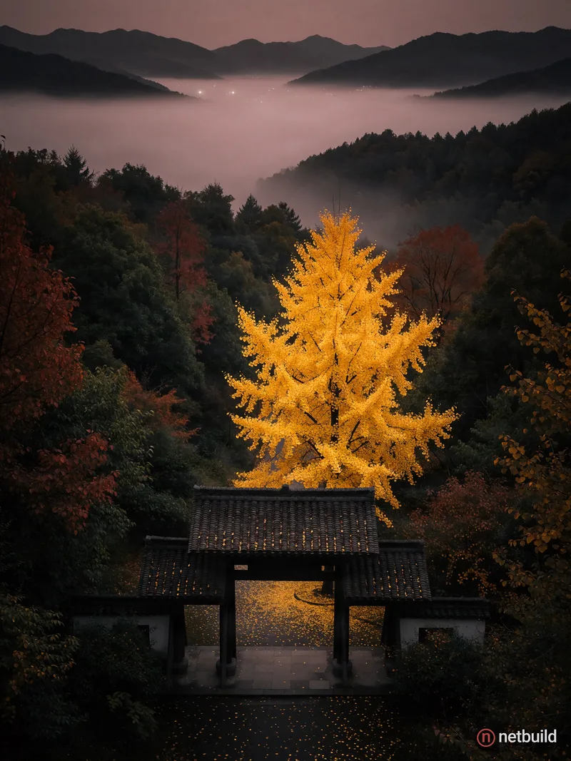 High-angle shot of a traditional dark-tiled wooden gate in a hillside forest, featuring a brilliant, glowing golden ginkgo tree contrasting with deep...