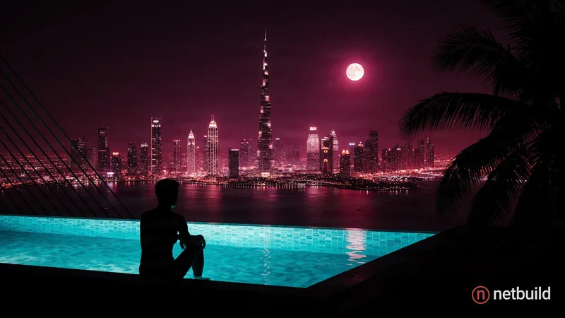 Cinematic wide shot of a dark silhouette of a person sitting on the edge of a glowing turquoise infinity pool at night. In the background, a sprawling...