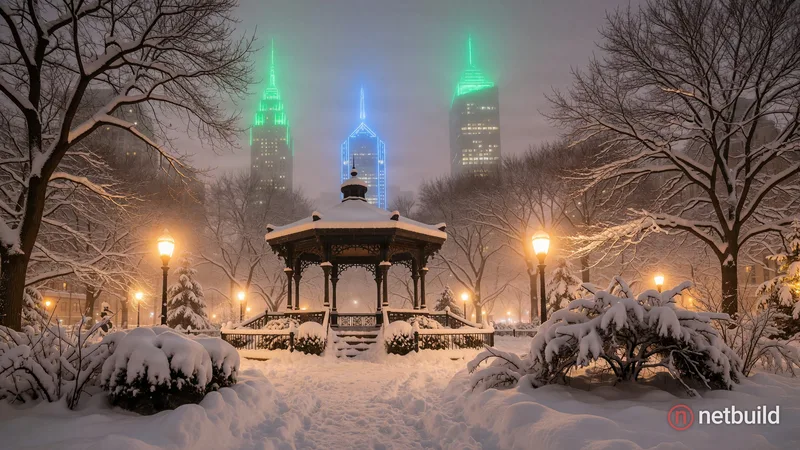 Atmospheric winter photography of a snow-covered urban park at dusk. A central ornate gazebo stands surrounded by bare trees and bushes laden with thi...