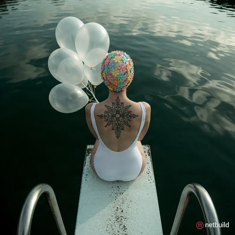 high angle shot of a woman sitting facing away on a white diving board over deep dark green water, wearing a white one-piece swimsuit and a retro swim...