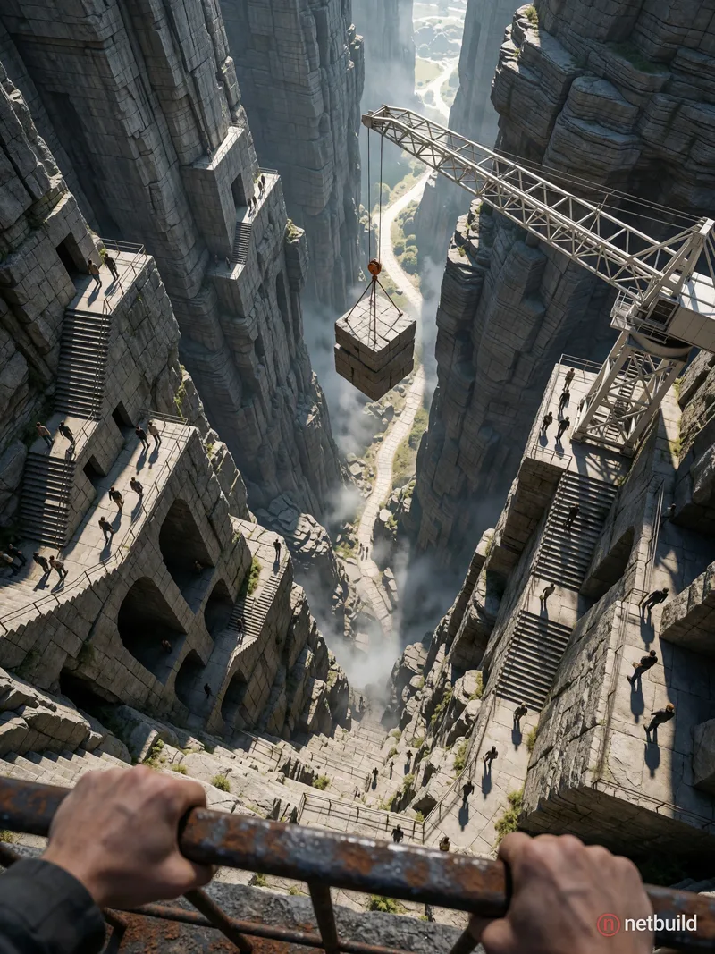 Dizzying high-angle plunge into a colossal stone chasm merging natural rock with monumental brutalist architecture. In the extreme foreground, two han...