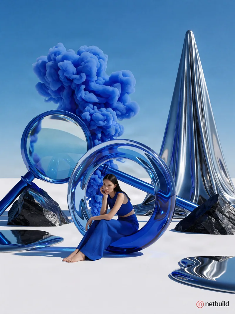 Photorealistic 3D surrealism of a woman in a royal blue two-piece outfit seated on a stark white plain under a clear blue sky. She rests her chin on h...