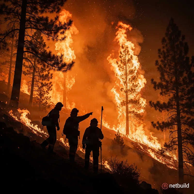 Cinematic wide shot of three silhouetted firefighters standing on a steep, rugged slope. One firefighter points urgently toward massive, raging orange...