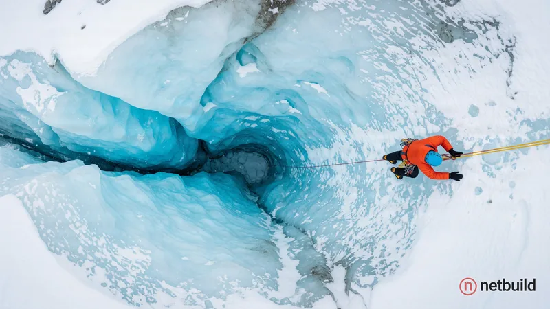 Extreme wide-angle shot from above, a lone ice climber in a vivid orange jacket and blue helmet suspended by a yellow rope, braced against the sheer r...