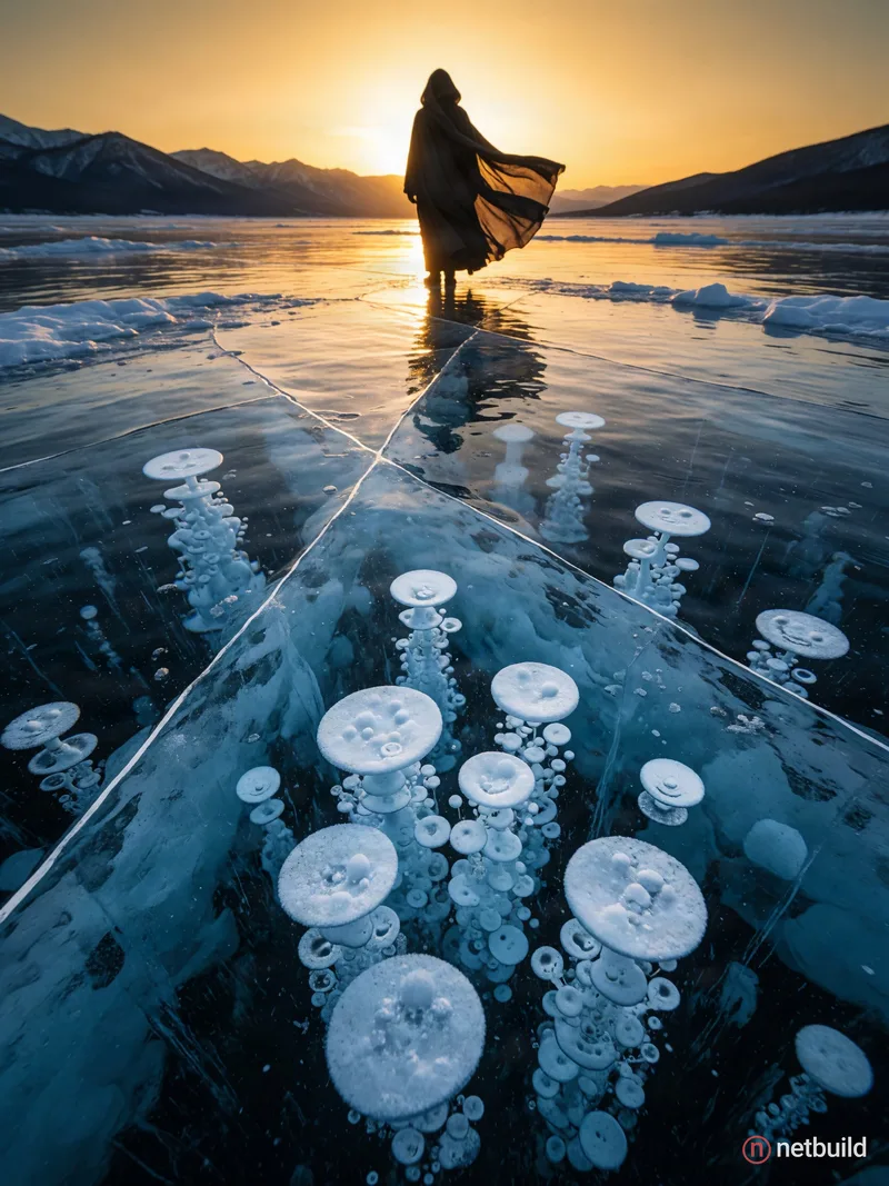 Cinematic wide low-angle shot of a solitary cloaked figure as a backlit silhouette on a vast frozen lake. Thick …