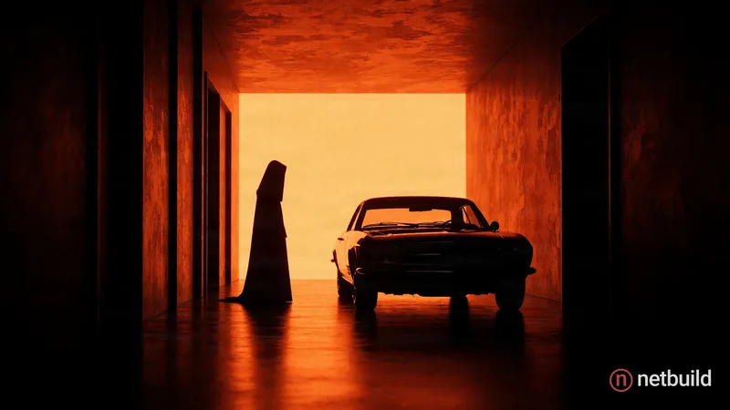 Cinematic wide shot of a dark, narrow corridor where a sharp silhouette of a mysterious figure stands beside a sleek …