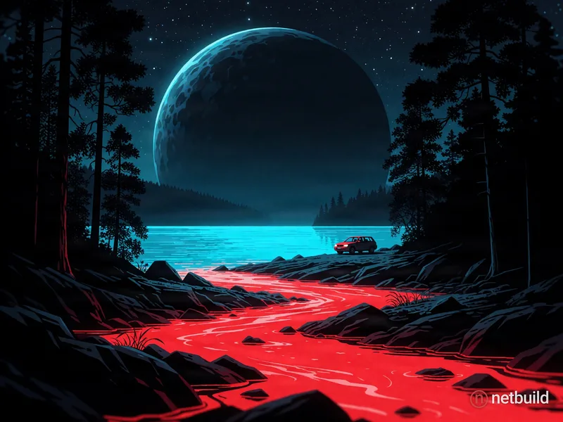 Vivid red river flowing through jagged rocky terrain into a glowing cyan lake, tall silhouetted trees framing the scene, …