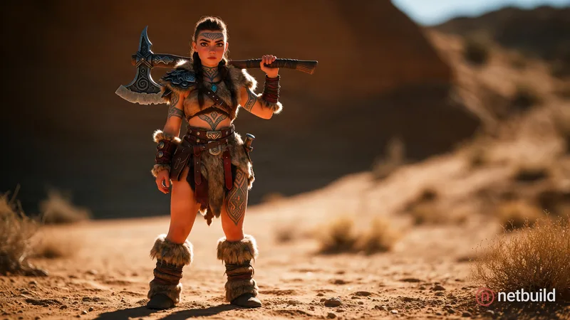 Full body shot of young beautiful European female barbarian woman warrior, muscular, belts and loincloth, tattooed skin, raised by tabaxi in the deser...