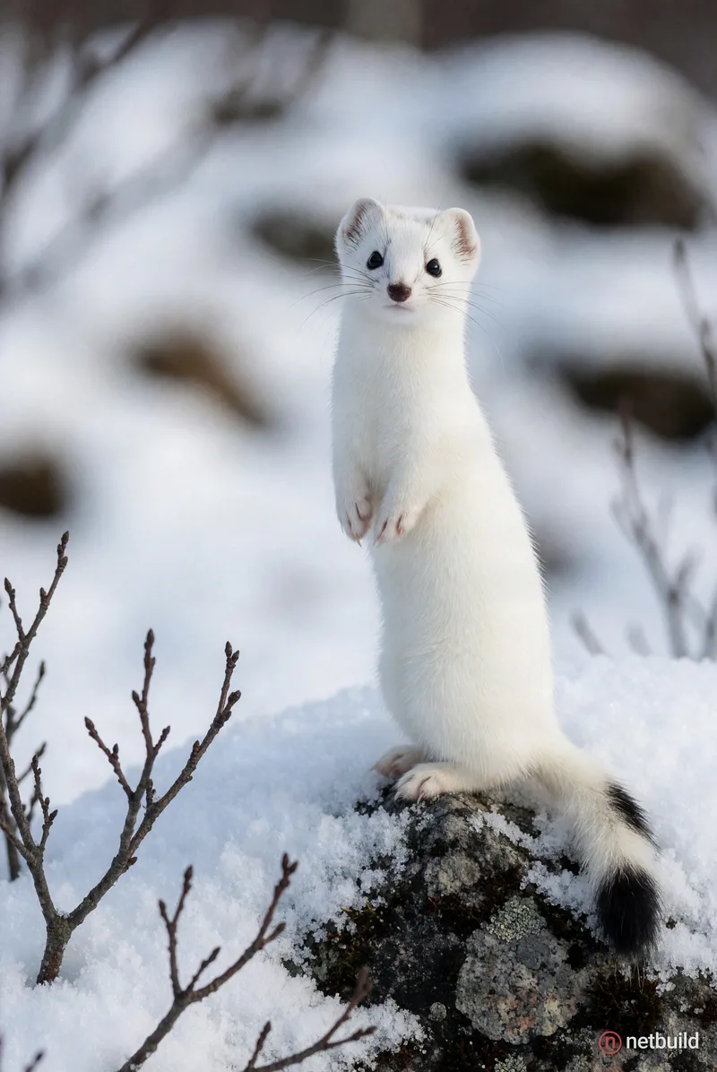 Sharp wildlife photograph of a white ermine with a black-tipped tail standing upright on its hind legs atop a dark, …