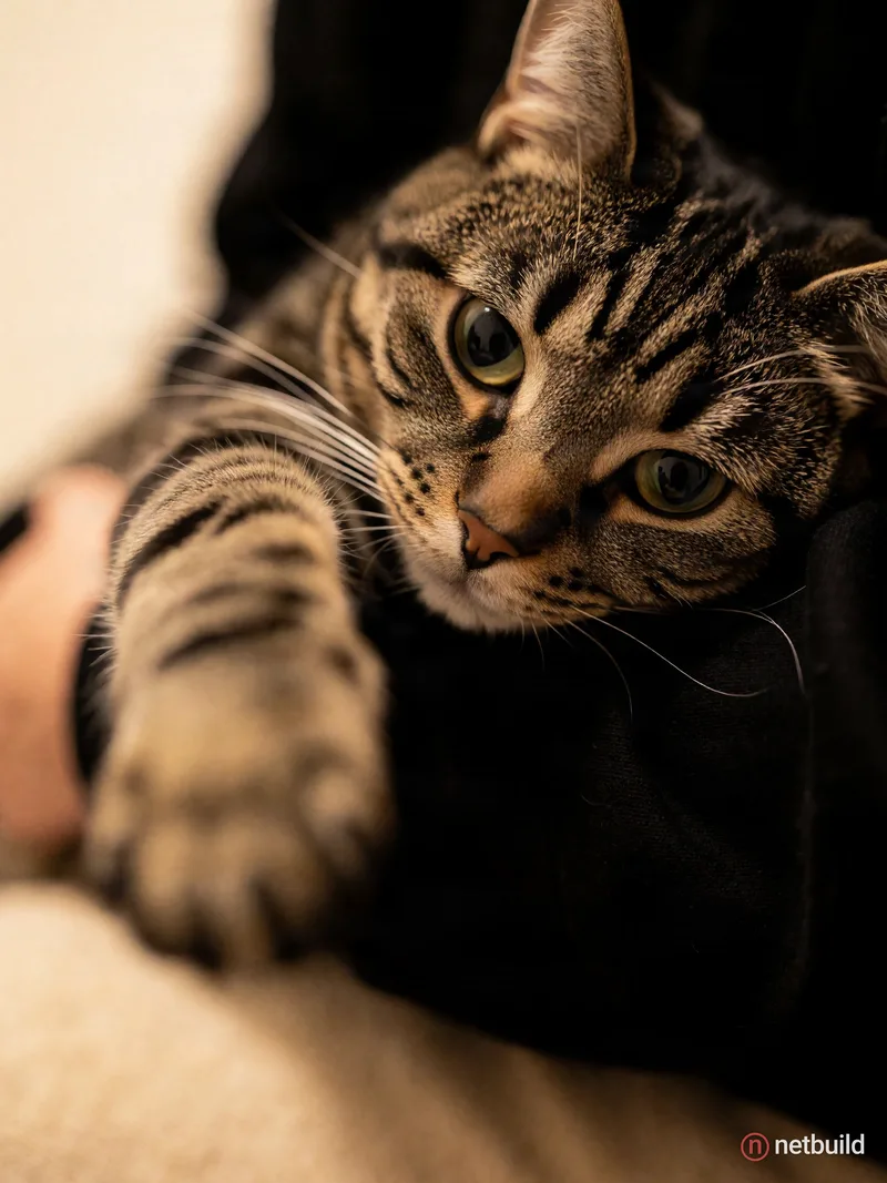 Extreme macro photograph of a brown tabby cat with sharp black and brown striped fur, resting its head sideways on dark fabric. Large reflective eyes...