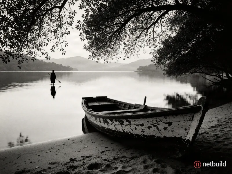 Monochrome photography of a weathered wooden rowboat resting on a soft sandy shore. Calm, mirror-like water reflects a distant silhouette of a wading...
