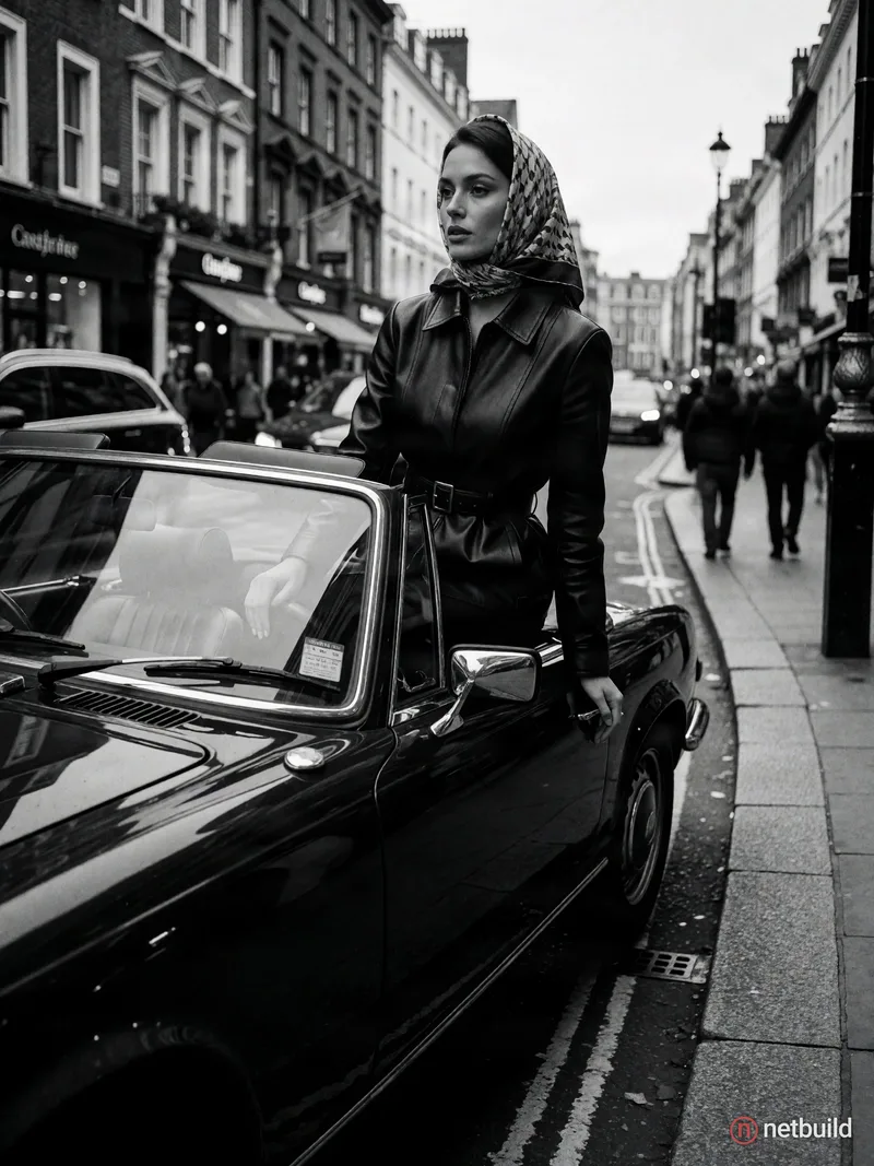 Cinematic black and white street photography of an attractive woman wearing a sleek leather jacket and a chic headscarf, sitting poised inside a vinta...